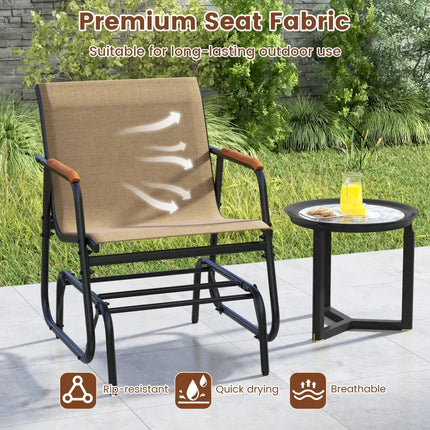 Patio Glider Chair Set of 2 with Curved Teak Armrests and Breathable Fabric Seat-Brown - Brown - Patio Rocking Chairs &