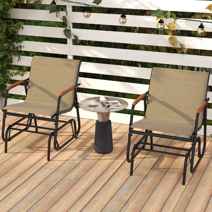 Patio Glider Chair Set of 2 with Curved Teak Armrests and Breathable Fabric Seat-Brown - Brown - Patio Rocking Chairs &