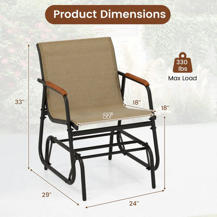 Patio Glider Chair Set of 2 with Curved Teak Armrests and Breathable Fabric Seat-Brown - Brown - Patio Rocking Chairs &