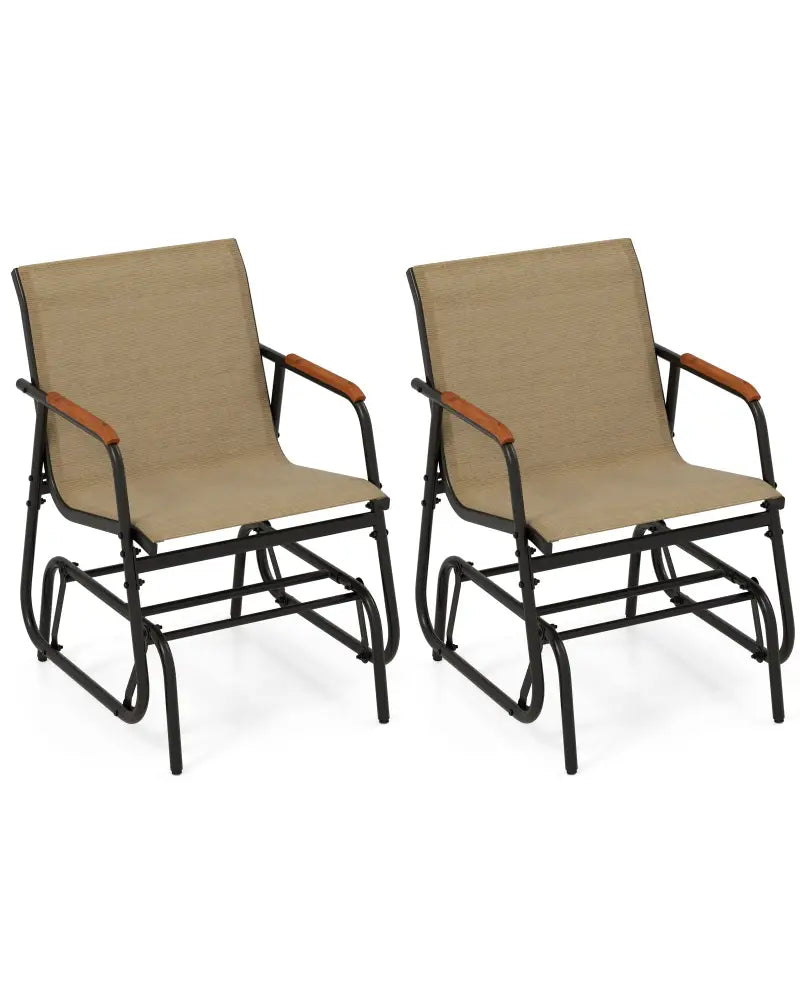 Patio Glider Chair Set of 2 with Curved Teak Armrests and Breathable Fabric Seat-Brown - Brown - Patio Rocking Chairs &