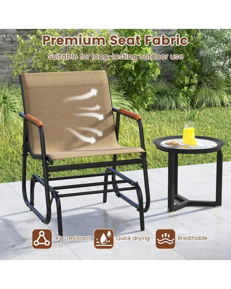 Patio Glider Chair Set of 2 with Curved Teak Armrests and Breathable Fabric Seat-Brown - Brown - Patio Rocking Chairs &