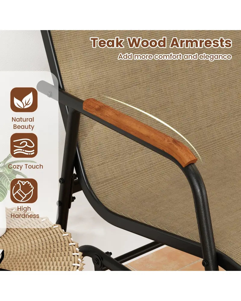 Patio Glider Chair Set of 2 with Curved Teak Armrests and Breathable Fabric Seat-Brown - Brown - Patio Rocking Chairs &