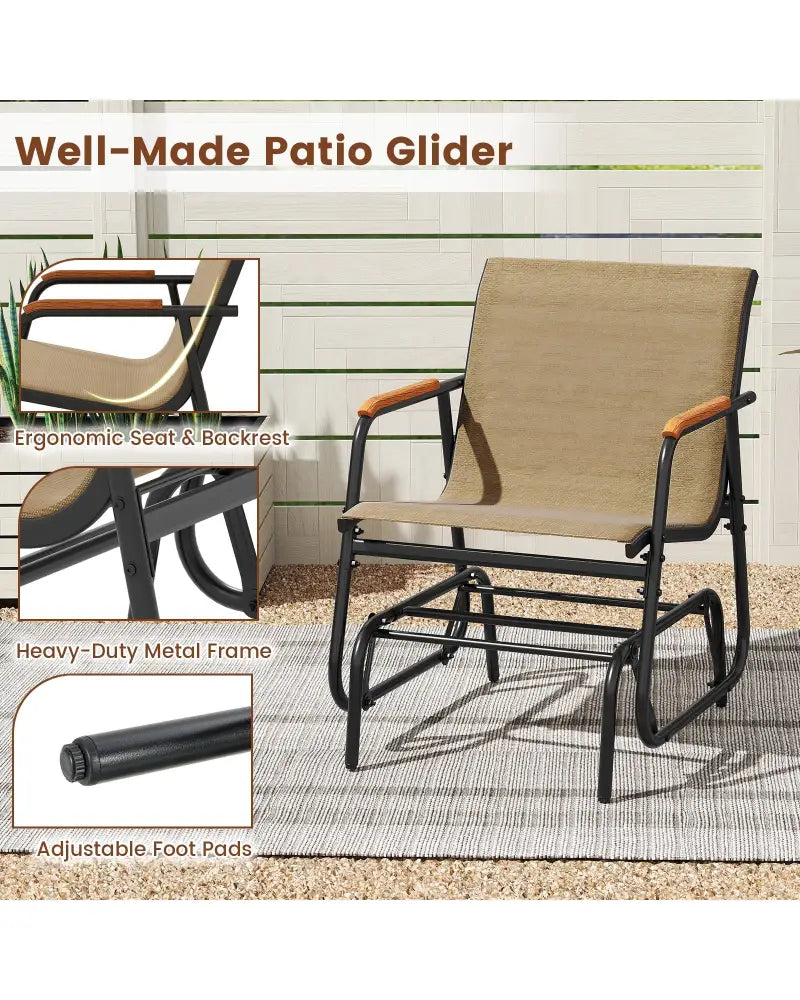 Patio Glider Chair Set of 2 with Curved Teak Armrests and Breathable Fabric Seat-Brown - Brown - Patio Rocking Chairs &