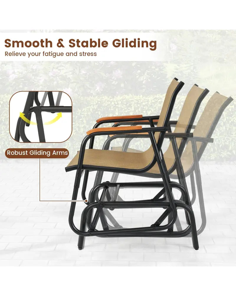 Patio Glider Chair Set of 2 with Curved Teak Armrests and Breathable Fabric Seat-Brown - Brown - Patio Rocking Chairs &