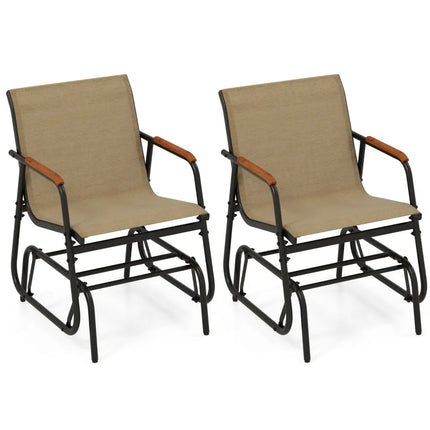 Patio Glider Chair Set of 2 with Curved Teak Armrests and Breathable Fabric Seat-Brown - Brown - Patio Rocking Chairs &