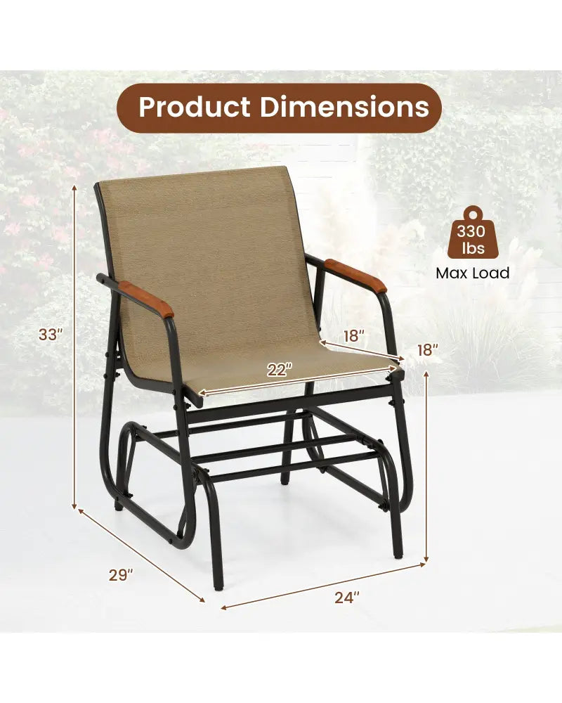 Patio Glider Chair Set of 2 with Curved Teak Armrests and Breathable Fabric Seat-Brown - Brown - Patio Rocking Chairs &