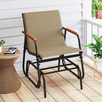 Patio Glider Chair Set of 2 with Curved Teak Armrests and Breathable Fabric Seat-Brown - Brown - Patio Rocking Chairs &