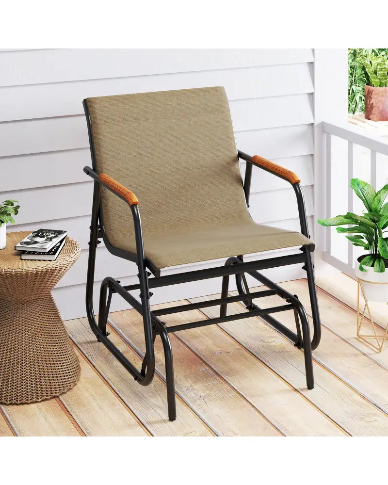 Patio Glider Chair Set of 2 with Curved Teak Armrests and Breathable Fabric Seat-Brown - Brown - Patio Rocking Chairs &