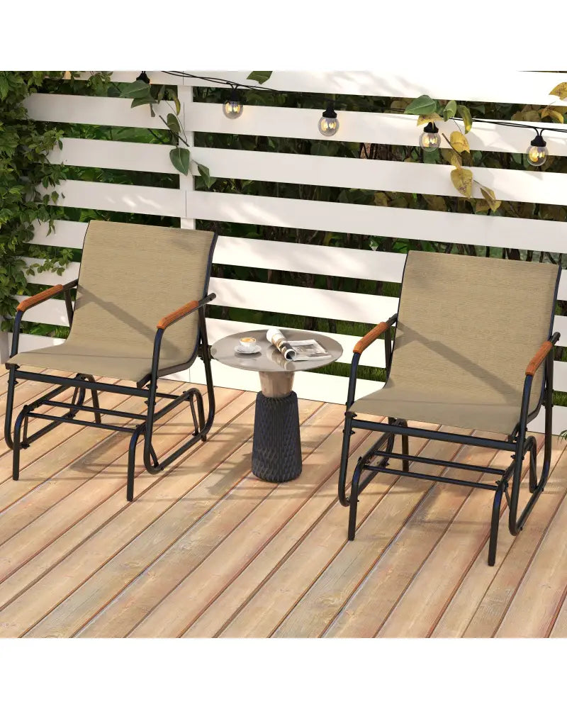 Patio Glider Chair Set of 2 with Curved Teak Armrests and Breathable Fabric Seat-Brown - Brown - Patio Rocking Chairs &