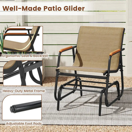 Patio Glider Chair Set of 2 with Curved Teak Armrests and Breathable Fabric Seat-Brown - Brown - Patio Rocking Chairs &