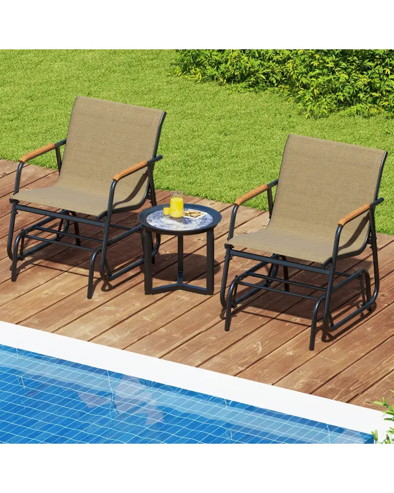 Patio Glider Chair Set of 2 with Curved Teak Armrests and Breathable Fabric Seat-Brown - Brown - Patio Rocking Chairs &