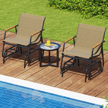 Patio Glider Chair Set of 2 with Curved Teak Armrests and Breathable Fabric Seat-Brown - Brown - Patio Rocking Chairs &