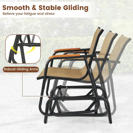Patio Glider Chair Set of 2 with Curved Teak Armrests and Breathable Fabric Seat-Brown - Brown - Patio Rocking Chairs &
