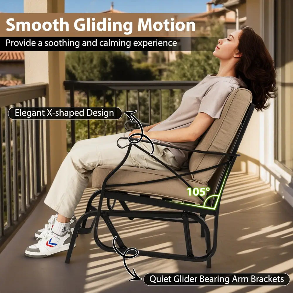 Patio Glider Rocking Chair with Metal Frame and Thick Cushions-Brown - Brown - Patio Rocking Chairs & Gliders