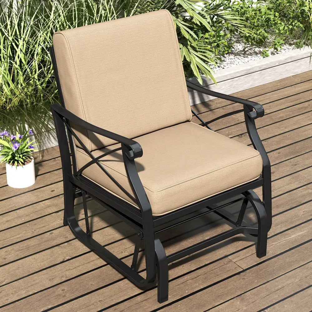 Patio Glider Rocking Chair with Metal Frame and Thick Cushions-Brown - Brown - Patio Rocking Chairs & Gliders