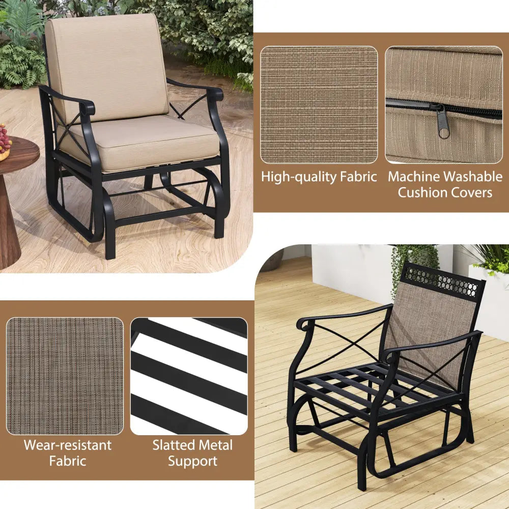 Patio Glider Rocking Chair with Metal Frame and Thick Cushions-Brown - Brown - Patio Rocking Chairs & Gliders