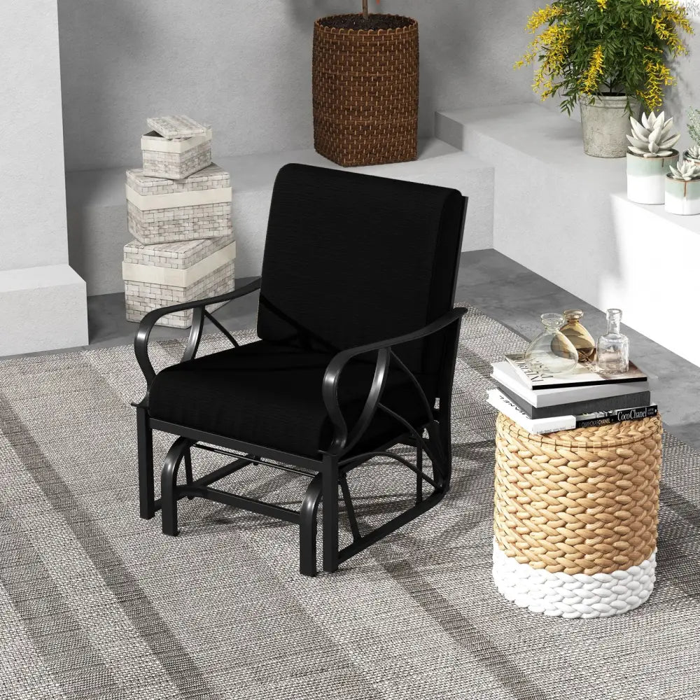 Patio Glider Rocking Chair with Thick Cushion and Curved Armrest-Black - Black - Patio Rocking Chairs & Gliders