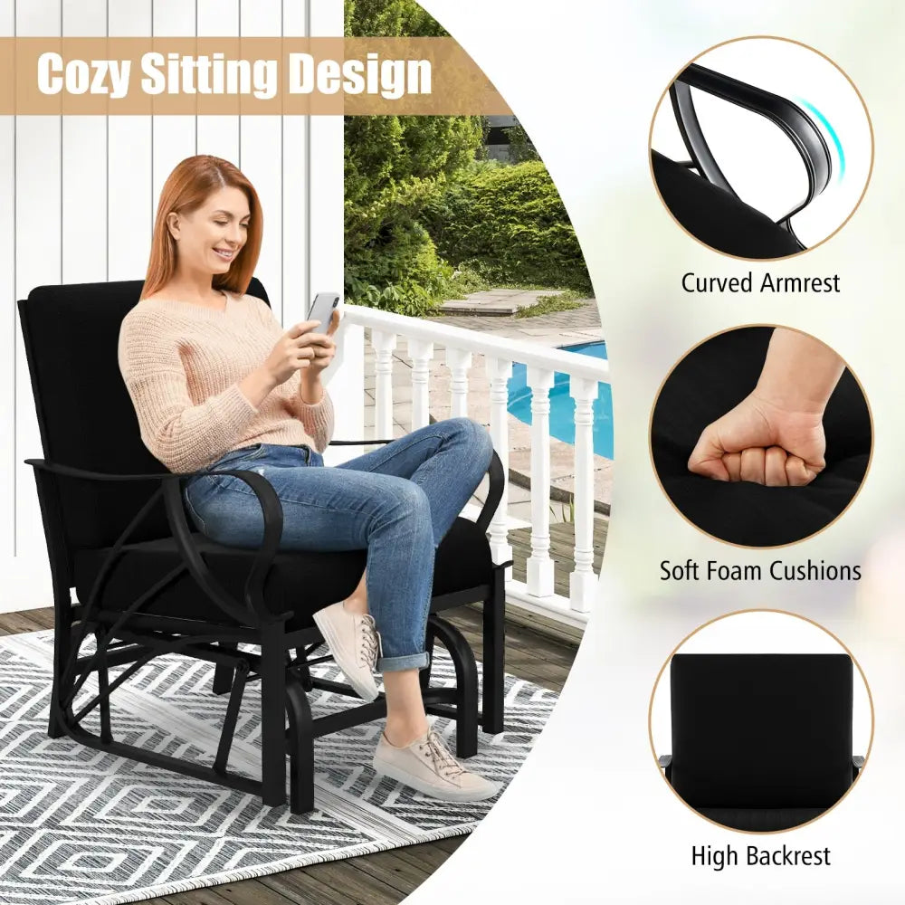 Patio Glider Rocking Chair with Thick Cushion and Curved Armrest-Black - Black - Patio Rocking Chairs & Gliders