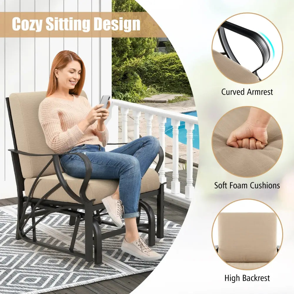 Patio Glider Rocking Chair with Thick Cushion and Curved Armrest-Tan - Tan - Patio Rocking Chairs & Gliders
