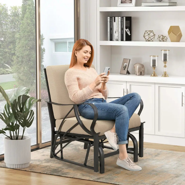 Patio Glider Rocking Chair with Thick Cushion and Curved Armrest-Tan - Tan - Patio Rocking Chairs & Gliders