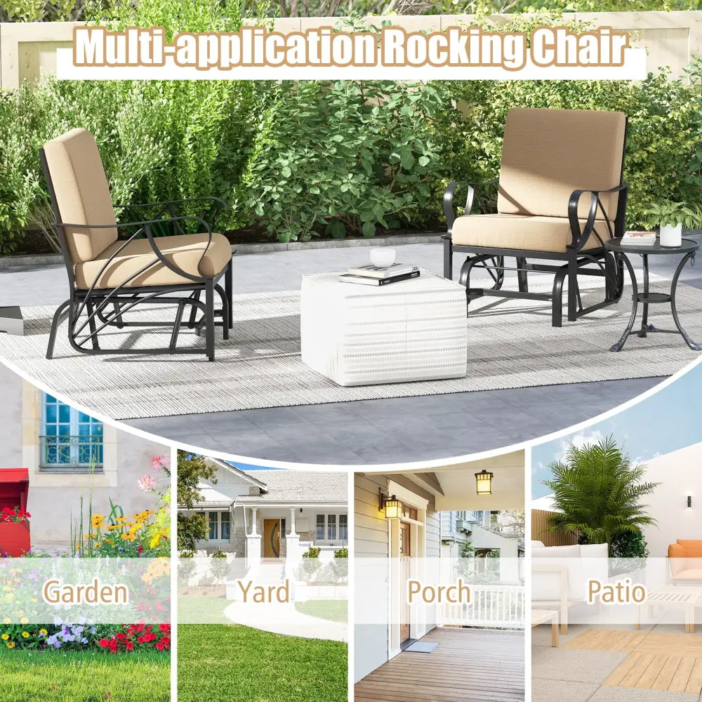 Patio Glider Rocking Chair with Thick Cushion and Curved Armrest-Tan - Tan - Patio Rocking Chairs & Gliders