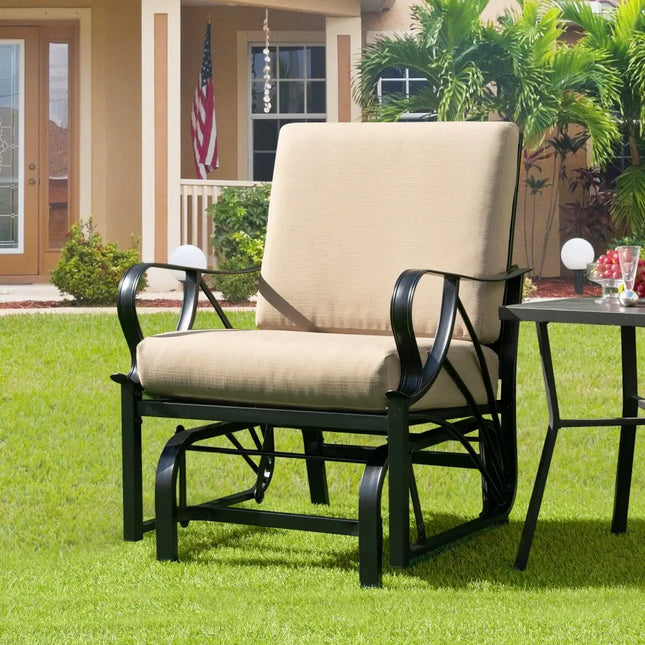 Patio Glider Rocking Chair with Thick Cushion and Curved Armrest-Tan - Tan - Patio Rocking Chairs & Gliders