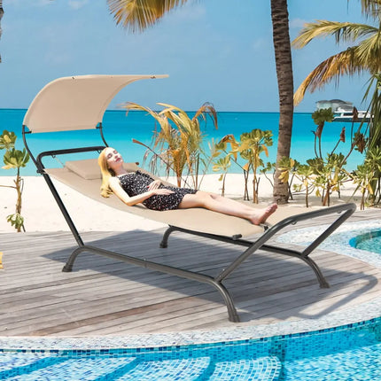 Patio Hanging Chaise Lounge Chair with Canopy Cushion Pillow and Storage Bag-Beige - Beige - Hammocks