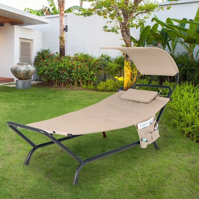 Patio Hanging Chaise Lounge Chair with Canopy Cushion Pillow and Storage Bag-Beige - Beige - Hammocks