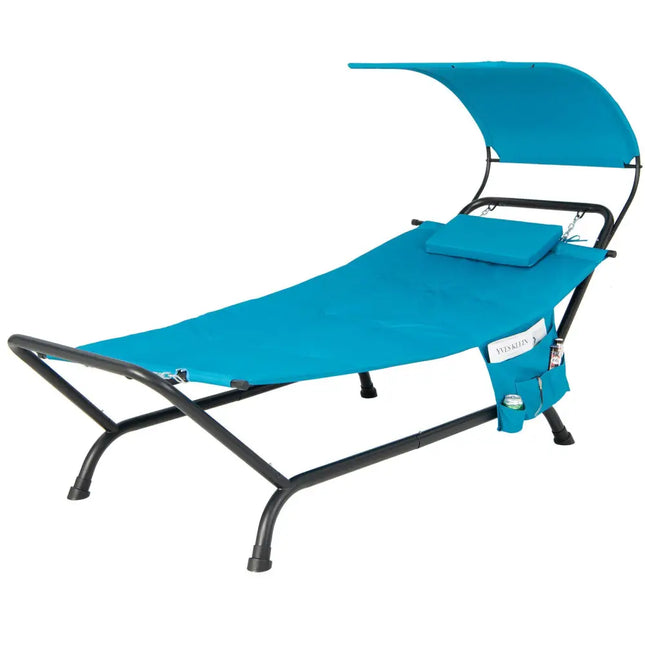 Patio Hanging Chaise Lounge Chair with Canopy Cushion Pillow and Storage Bag-Navy - Navy - Hammocks