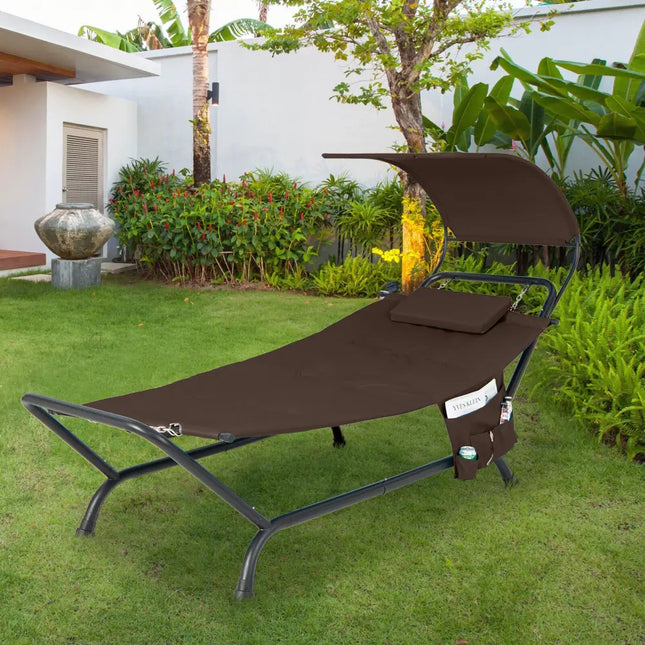 Patio Hanging Chaise Lounge Chair with Canopy Cushion Pillow and Storage Bag-Brown - Brown - Hammocks