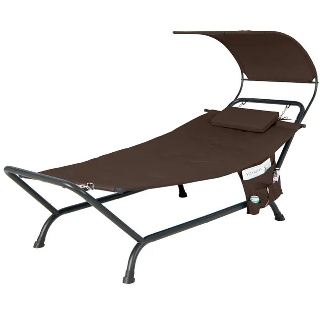Patio Hanging Chaise Lounge Chair with Canopy Cushion Pillow and Storage Bag-Brown - Brown - Hammocks