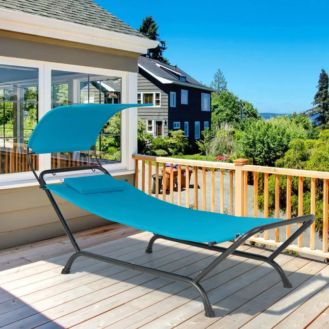 Patio Hanging Chaise Lounge Chair with Canopy Cushion Pillow and Storage Bag-Navy - Navy - Hammocks