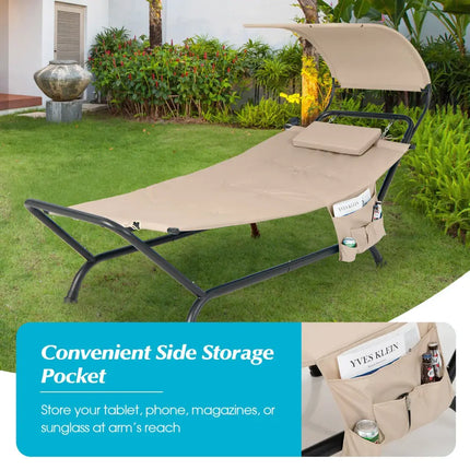 Patio Hanging Chaise Lounge Chair with Canopy Cushion Pillow and Storage Bag-Beige - Beige - Hammocks