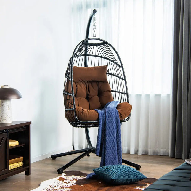 Patio Hanging Egg Chair with Stand Waterproof Cover and Folding Basket-Brown - Brown - Hammocks