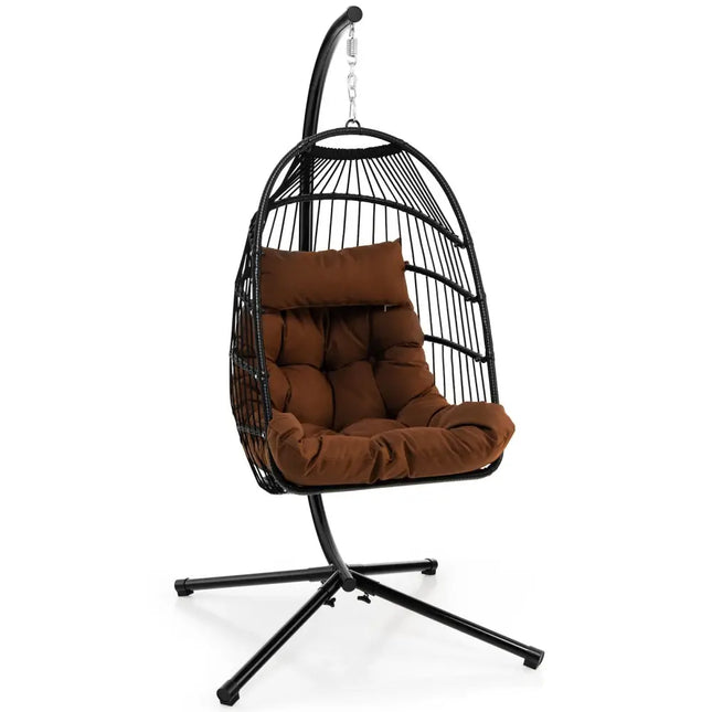 Patio Hanging Egg Chair with Stand Waterproof Cover and Folding Basket-Brown - Brown - Hammocks