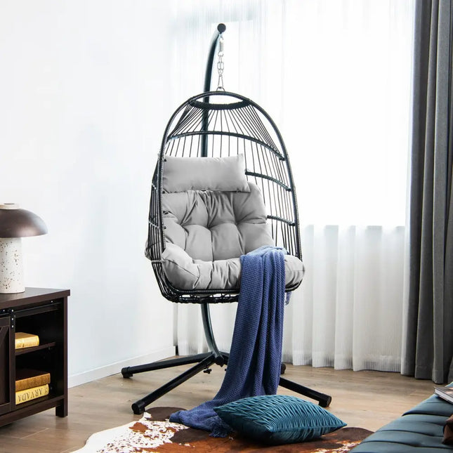 Patio Hanging Egg Chair with Stand Waterproof Cover and Folding Basket-Gray - Gray - Hammocks