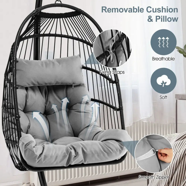Patio Hanging Egg Chair with Stand Waterproof Cover and Folding Basket-Gray - Gray - Hammocks