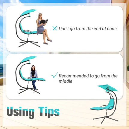 Patio Hanging Hammock Chaise Lounge Chair with Canopy Cushion for Outdoors-Turquoise - Turquoise - Outdoor Chaise