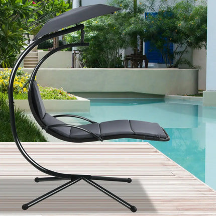 Patio Hanging Hammock Chaise Lounge Chair with Canopy Cushion for Outdoors-Gray - Gray - Outdoor Chaise Lounges