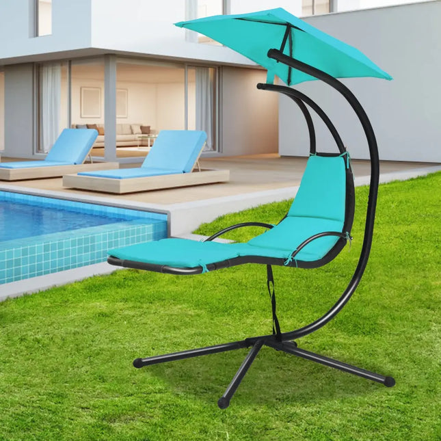 Patio Hanging Hammock Chaise Lounge Chair with Canopy Cushion for Outdoors-Turquoise - Turquoise - Outdoor Chaise