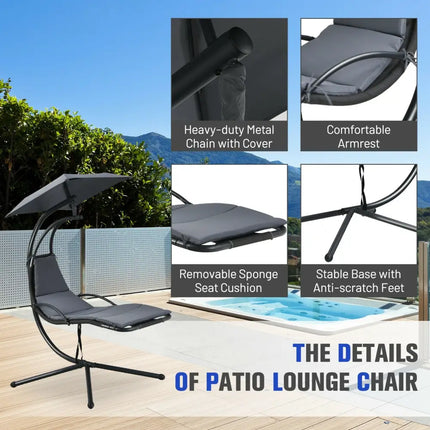 Patio Hanging Hammock Chaise Lounge Chair with Canopy Cushion for Outdoors-Gray - Gray - Outdoor Chaise Lounges