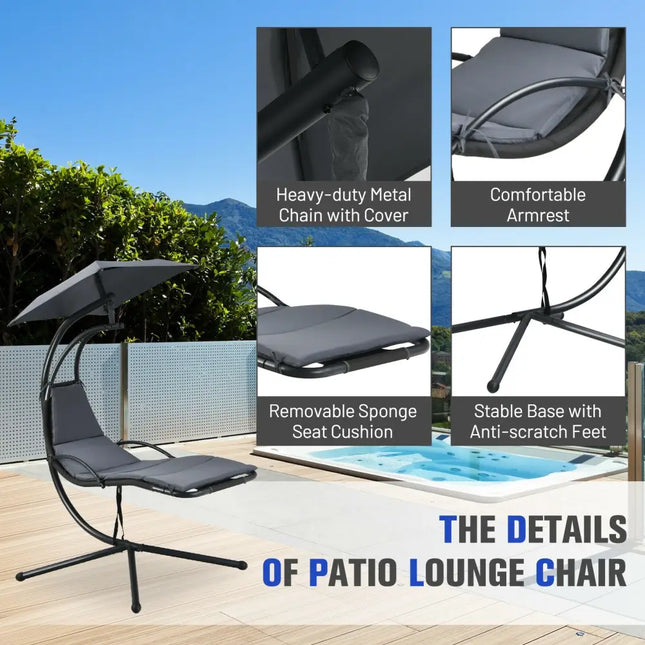 Patio Hanging Hammock Chaise Lounge Chair with Canopy Cushion for Outdoors-Gray - Gray - Outdoor Chaise Lounges