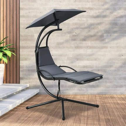 Patio Hanging Hammock Chaise Lounge Chair with Canopy Cushion for Outdoors-Gray - Gray - Outdoor Chaise Lounges