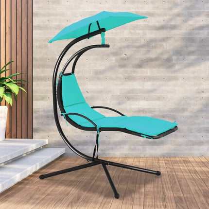 Patio Hanging Hammock Chaise Lounge Chair with Canopy Cushion for Outdoors-Turquoise - Turquoise - Outdoor Chaise