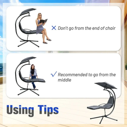 Patio Hanging Hammock Chaise Lounge Chair with Canopy Cushion for Outdoors-Gray - Gray - Outdoor Chaise Lounges