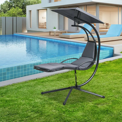 Patio Hanging Hammock Chaise Lounge Chair with Canopy Cushion for Outdoors-Gray - Gray - Outdoor Chaise Lounges