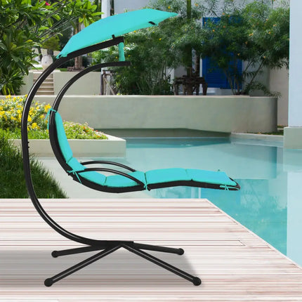 Patio Hanging Hammock Chaise Lounge Chair with Canopy Cushion for Outdoors-Turquoise - Turquoise - Outdoor Chaise
