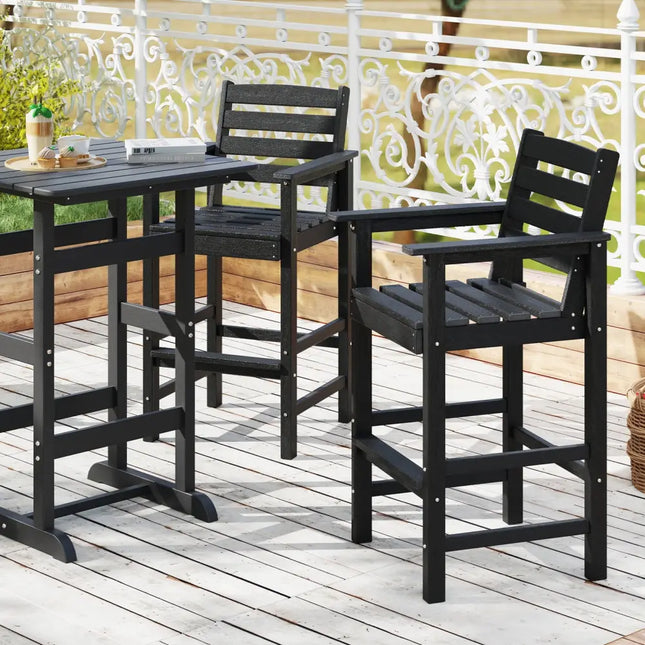 Patio HDPE Adirondack Bar Chairs Set of 2 with Wide Armrests-Black - Black - Adirondack Chairs