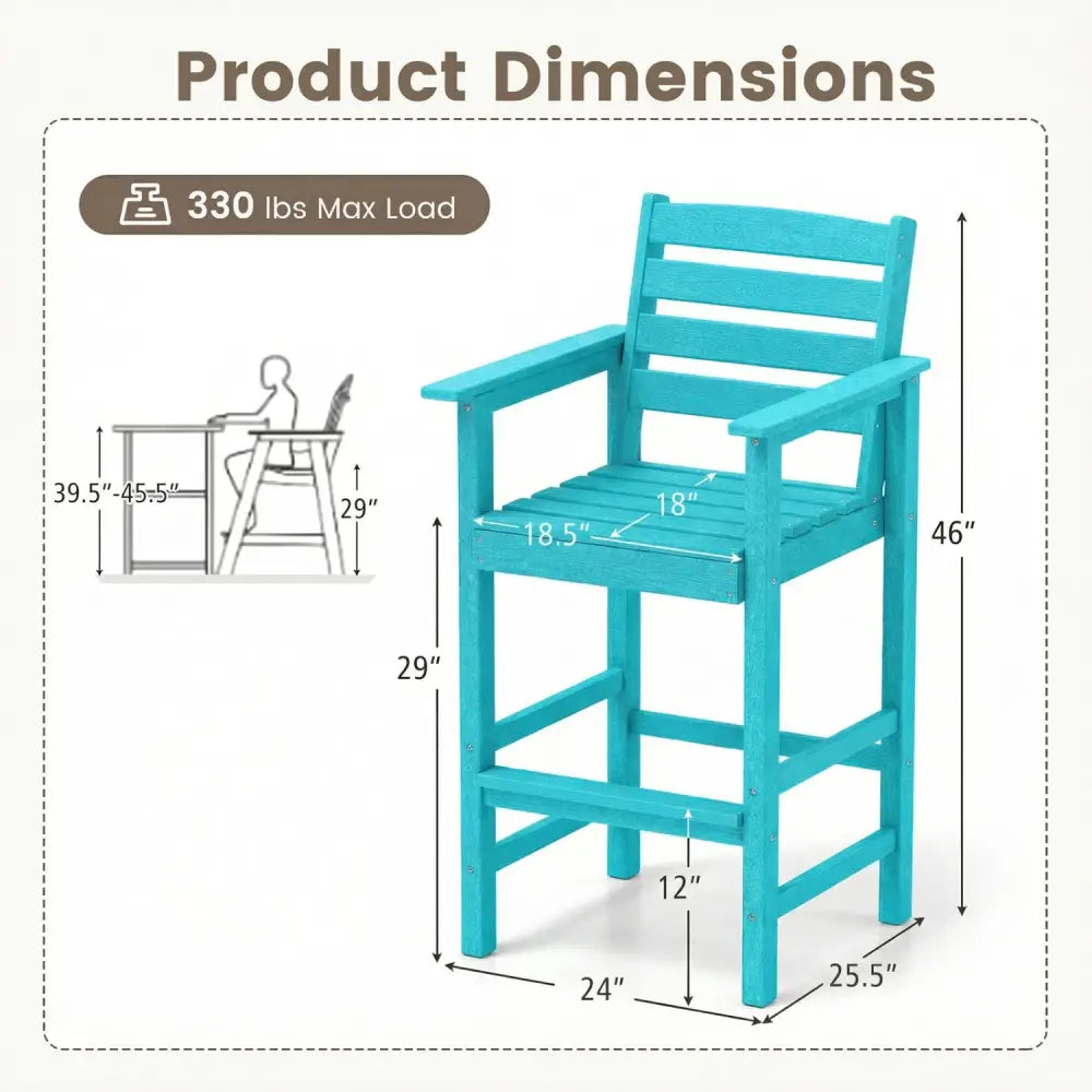 Patio HDPE Adirondack Bar Chairs Set of 2 with Wide Armrests-Turquoise - Turquoise - Adirondack Chairs