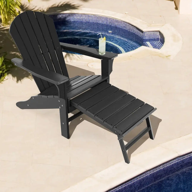 Patio HDPE Adirondack Chair with Retractable Ottoman-Black - Black - Adirondack Chairs